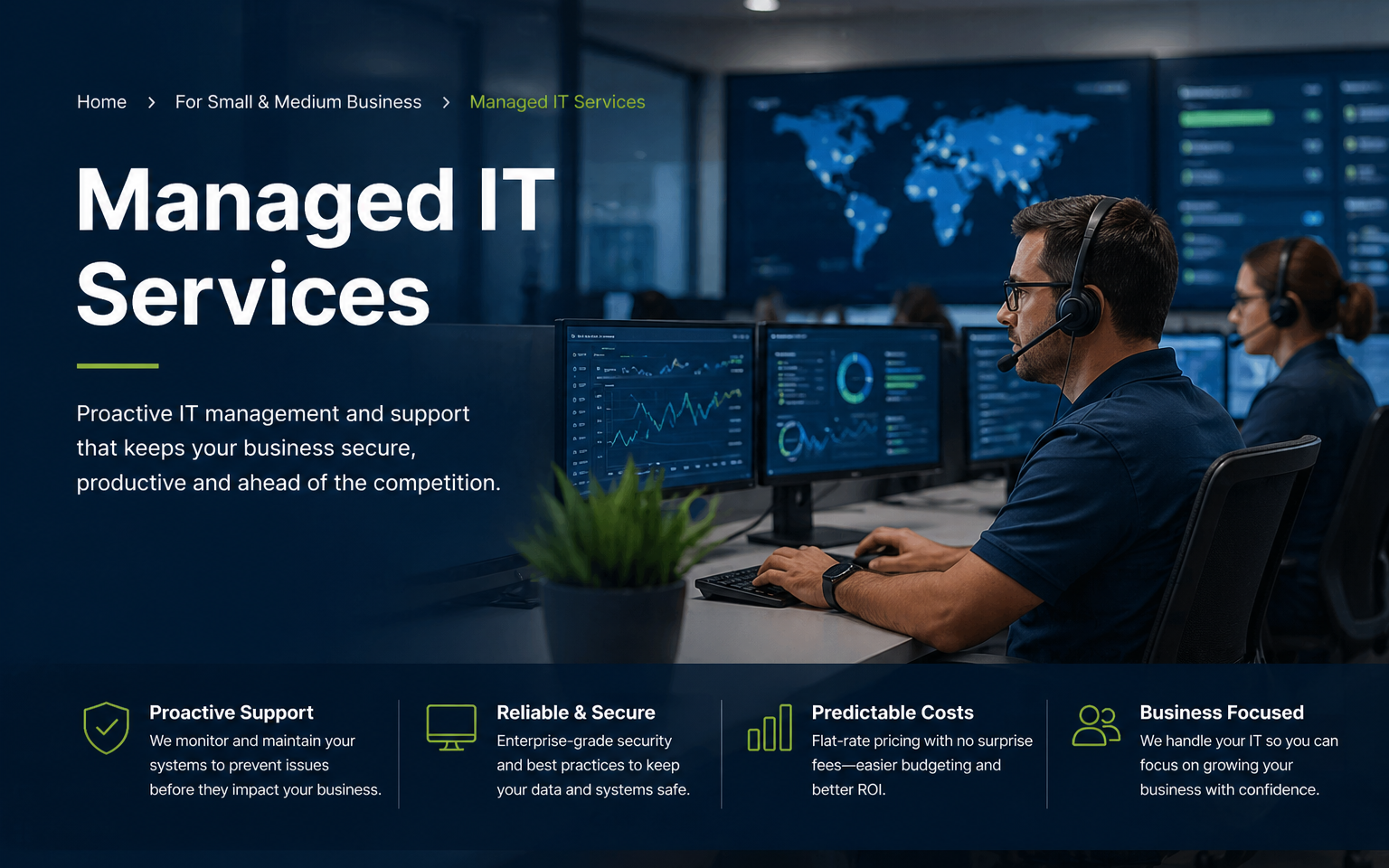 Managed IT services banner showing IT professionals monitoring systems in a modern operations center for business cybersecurity and support