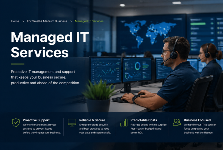 Managed IT services banner showing IT professionals monitoring systems in a modern operations center for business cybersecurity and support