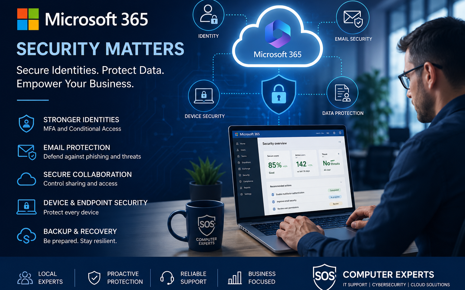 Microsoft 365 security hardening banner showing cloud security, identity protection, email security, and endpoint management for small businesses
