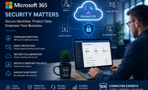Microsoft 365 security hardening banner showing cloud security, identity protection, email security, and endpoint management for small businesses