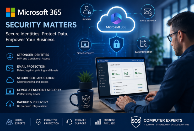 Microsoft 365 security hardening banner showing cloud security, identity protection, email security, and endpoint management for small businesses