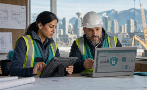 Construction project managers reviewing Microsoft 365 security in Vancouver