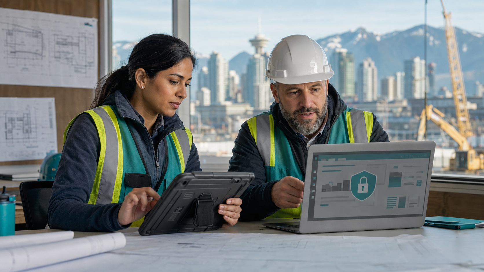 Construction project managers reviewing Microsoft 365 security in Vancouver