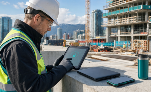 Vancouver construction supervisor securing project files on a jobsite tablet