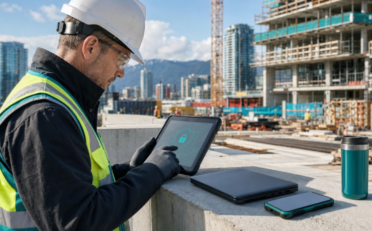 Vancouver construction supervisor securing project files on a jobsite tablet