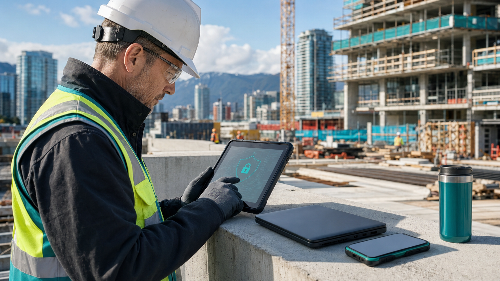 Vancouver construction supervisor securing project files on a jobsite tablet