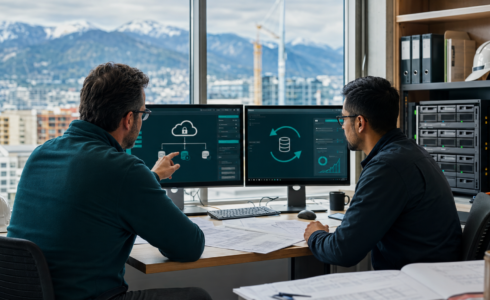 Construction managers reviewing backup and disaster recovery systems in Vancouver