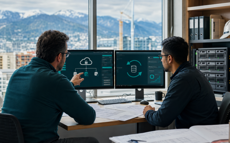 Construction managers reviewing backup and disaster recovery systems in Vancouver
