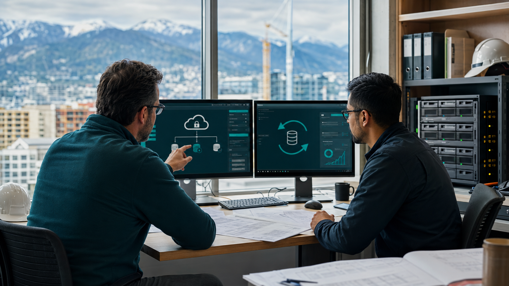 Construction managers reviewing backup and disaster recovery systems in Vancouver
