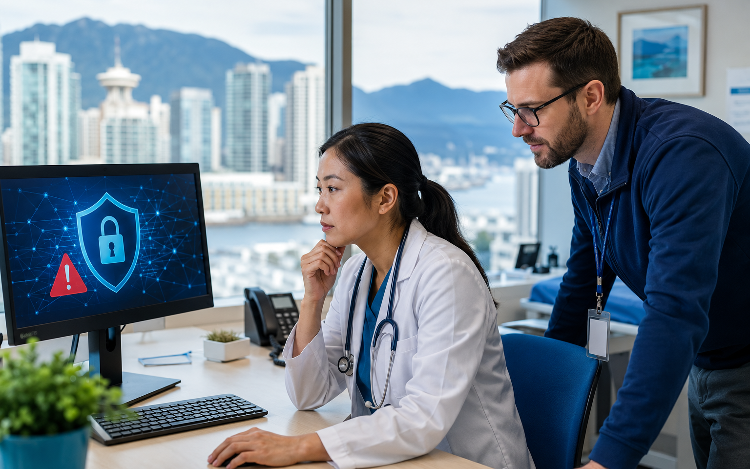 Healthcare professional and IT specialist reviewing a cybersecurity alert in a Vancouver clinic