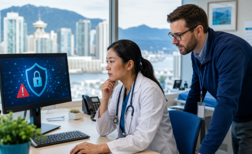 Healthcare professional and IT specialist reviewing a cybersecurity alert in a Vancouver clinic