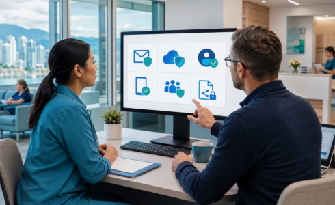 Healthcare clinic administrator reviewing secure Microsoft 365 cloud and identity controls