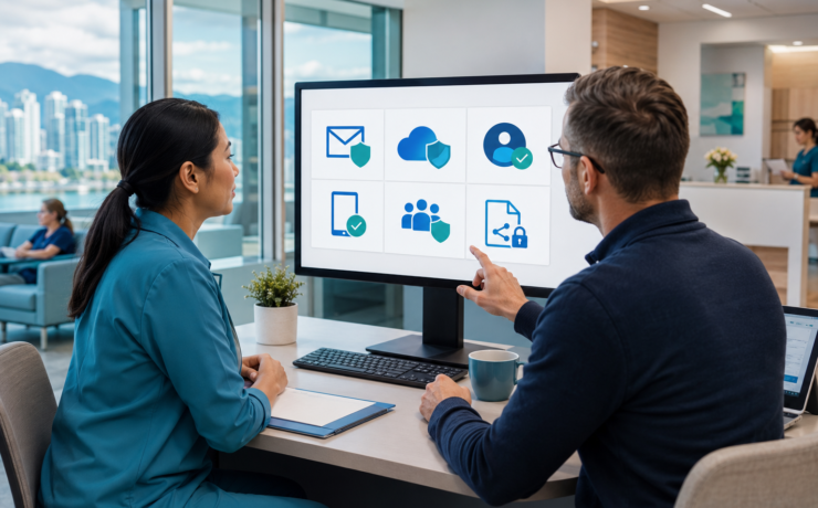 Healthcare clinic administrator reviewing secure Microsoft 365 cloud and identity controls
