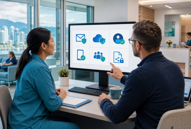 Healthcare clinic administrator reviewing secure Microsoft 365 cloud and identity controls