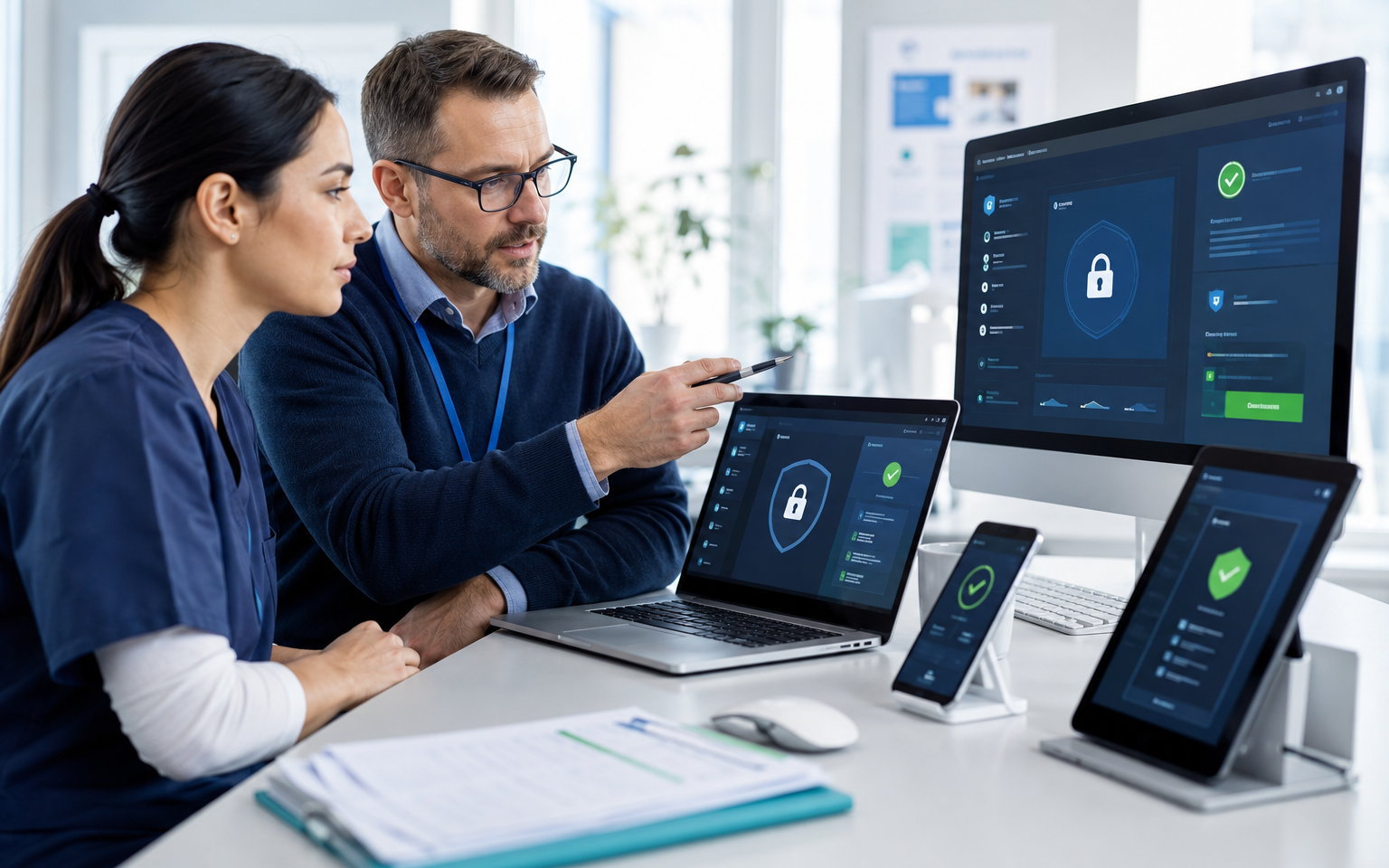 IT specialist securing patient data across clinic computers, laptops, tablets, and mobile devices