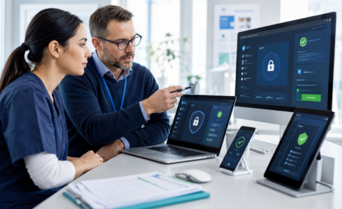 IT specialist securing patient data across clinic computers, laptops, tablets, and mobile devices