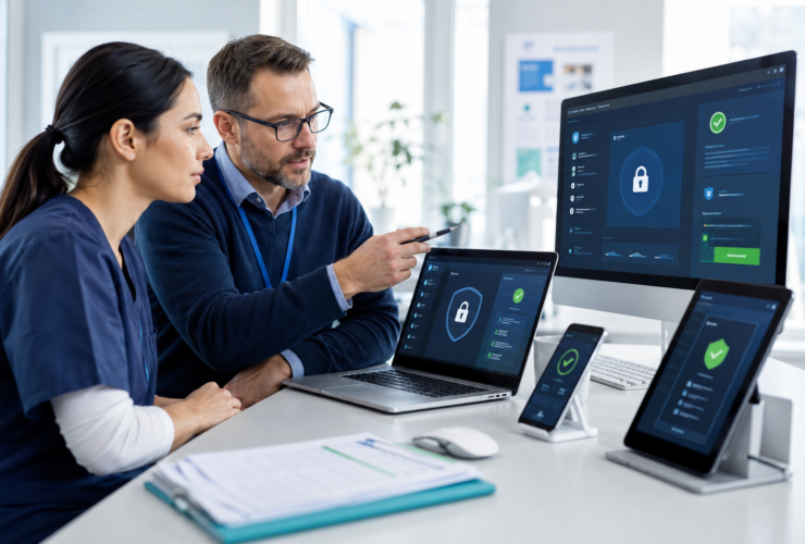IT specialist securing patient data across clinic computers, laptops, tablets, and mobile devices