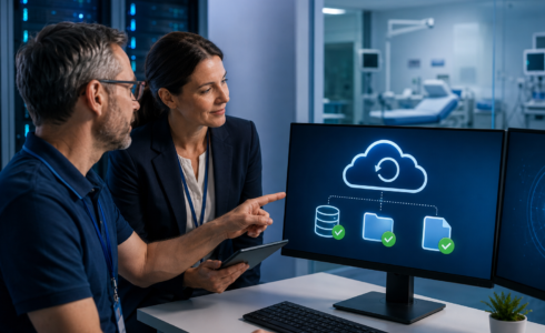 Healthcare clinic manager reviewing secure cloud backup and disaster recovery systems