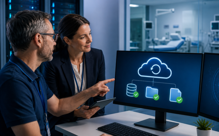 Healthcare clinic manager reviewing secure cloud backup and disaster recovery systems