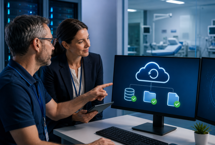 Healthcare clinic manager reviewing secure cloud backup and disaster recovery systems