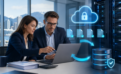Accounting and IT professionals reviewing secure cloud backup and disaster recovery systems