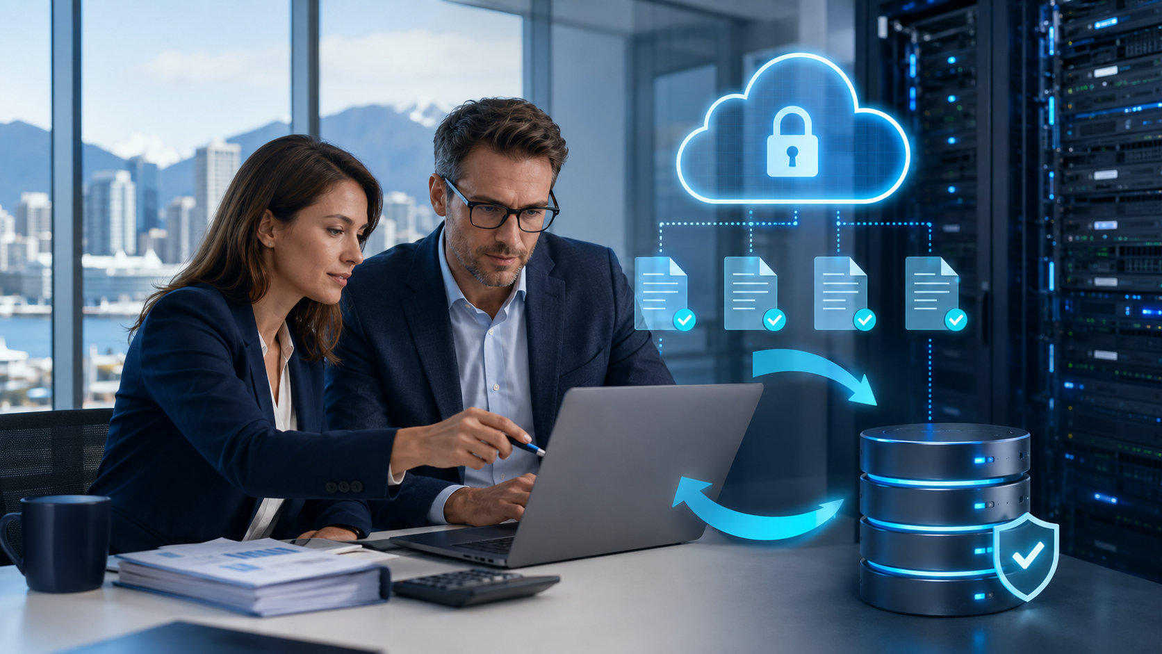 Accounting and IT professionals reviewing secure cloud backup and disaster recovery systems