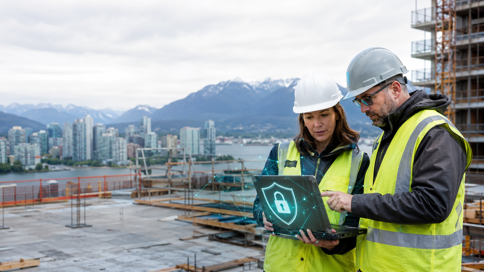 Construction managers reviewing cybersecurity on a Vancouver jobsite