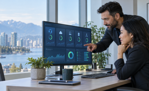 Vancouver business manager reviewing managed IT support, cybersecurity and backup status