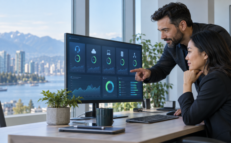 Vancouver business manager reviewing managed IT support, cybersecurity and backup status