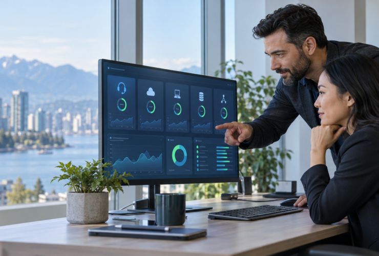 Vancouver business manager reviewing managed IT support, cybersecurity and backup status