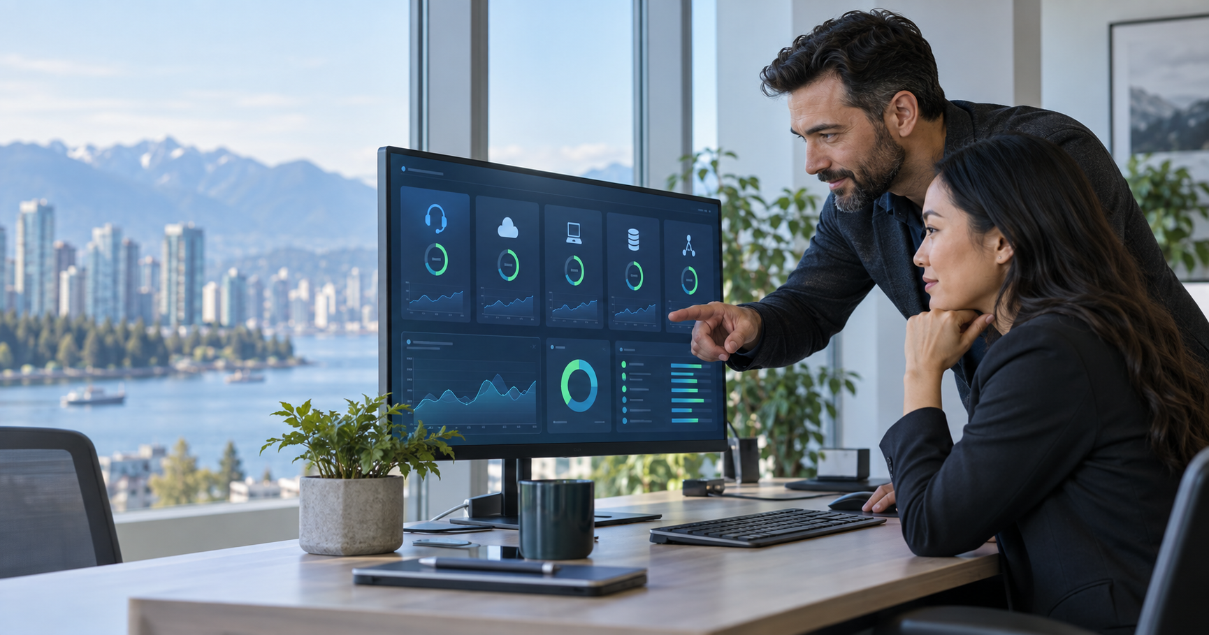 Vancouver business manager reviewing managed IT support, cybersecurity and backup status