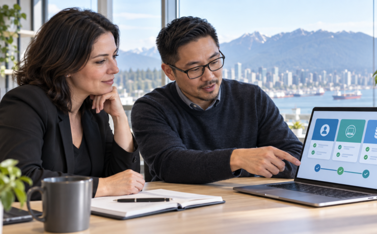 Business owner and IT consultant reviewing a security checklist on a laptop