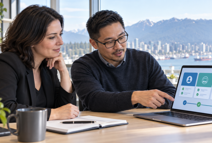 Business owner and IT consultant reviewing a security checklist on a laptop