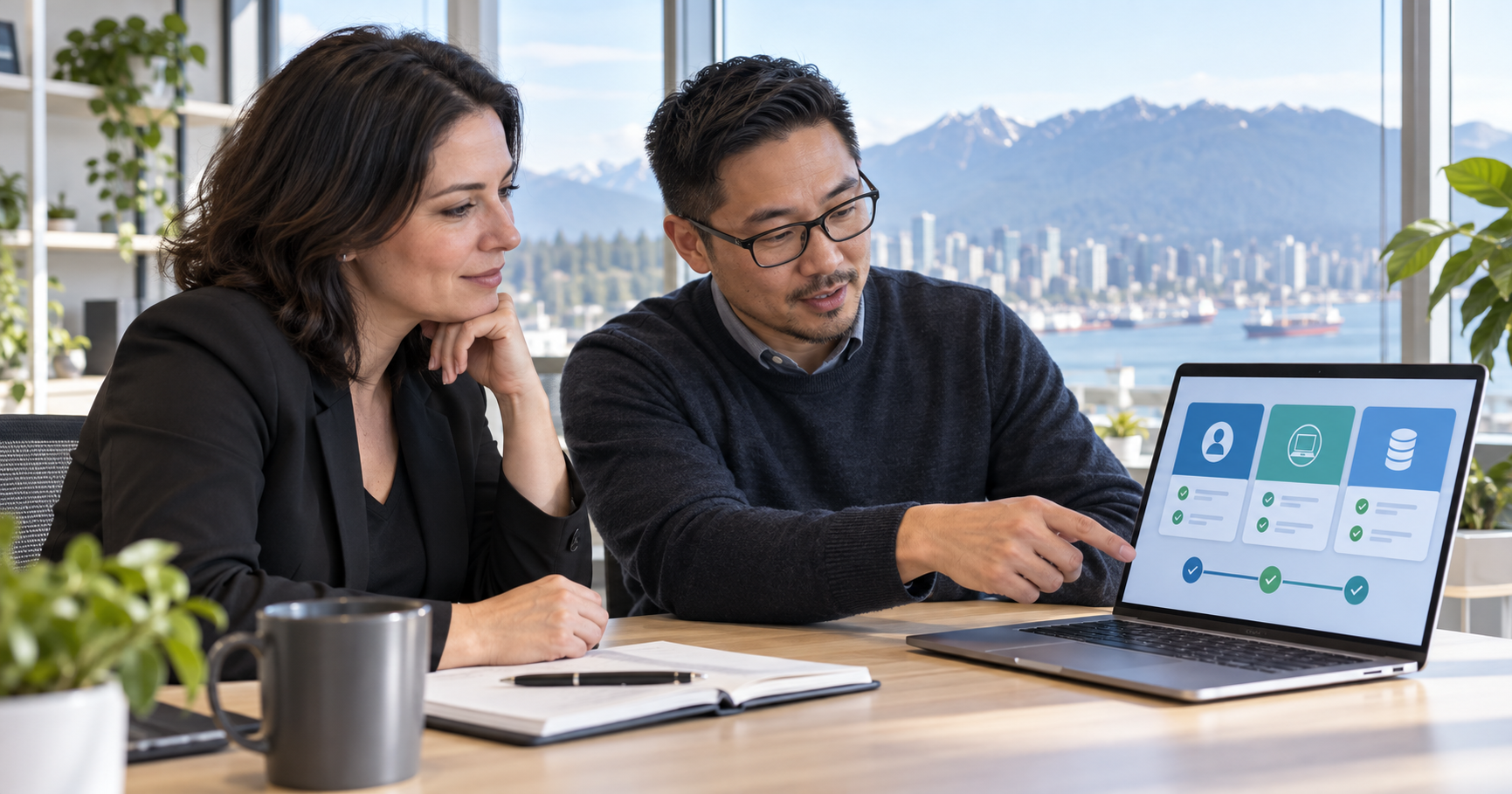 Business owner and IT consultant reviewing a security checklist on a laptop