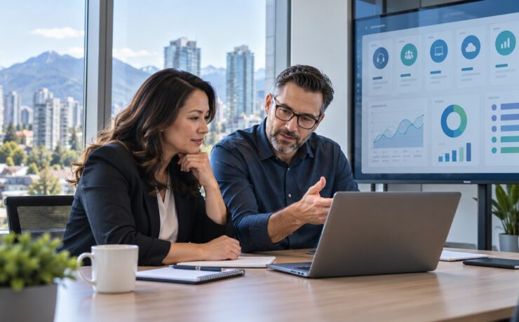 Burnaby business owner comparing managed IT support, cybersecurity, Microsoft 365 and backup services