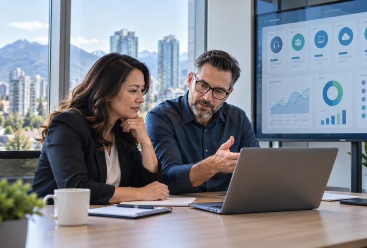 Burnaby business owner comparing managed IT support, cybersecurity, Microsoft 365 and backup services