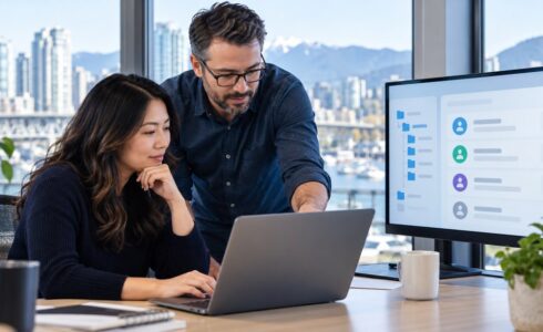 Business owner and IT consultant reviewing Microsoft 365 file sharing and guest permissions