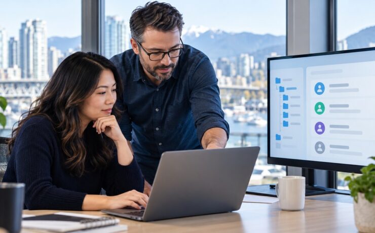 Business owner and IT consultant reviewing Microsoft 365 file sharing and guest permissions