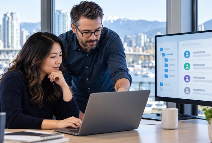 Business owner and IT consultant reviewing Microsoft 365 file sharing and guest permissions