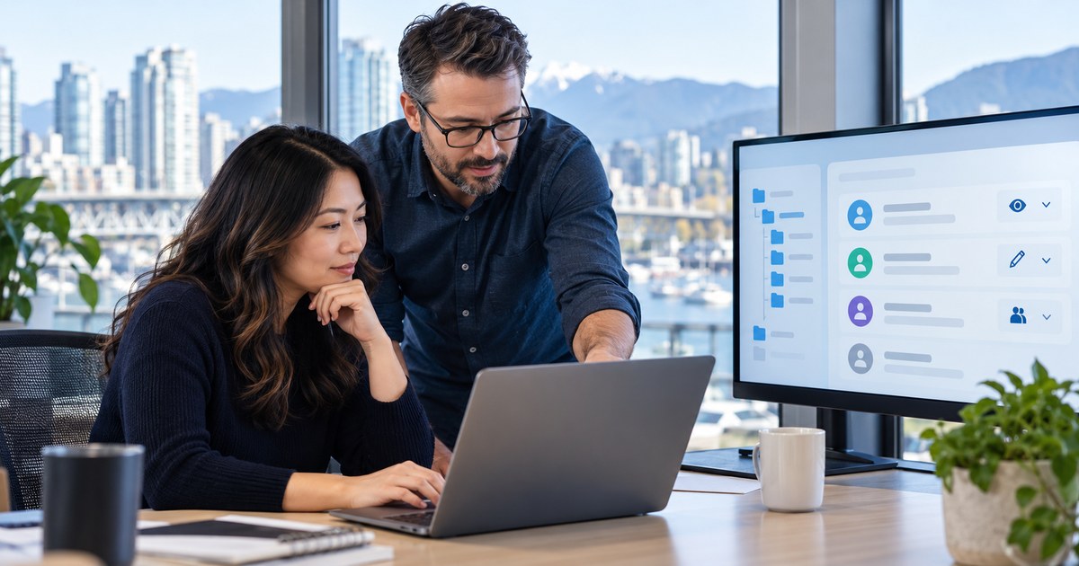Business owner and IT consultant reviewing Microsoft 365 file sharing and guest permissions